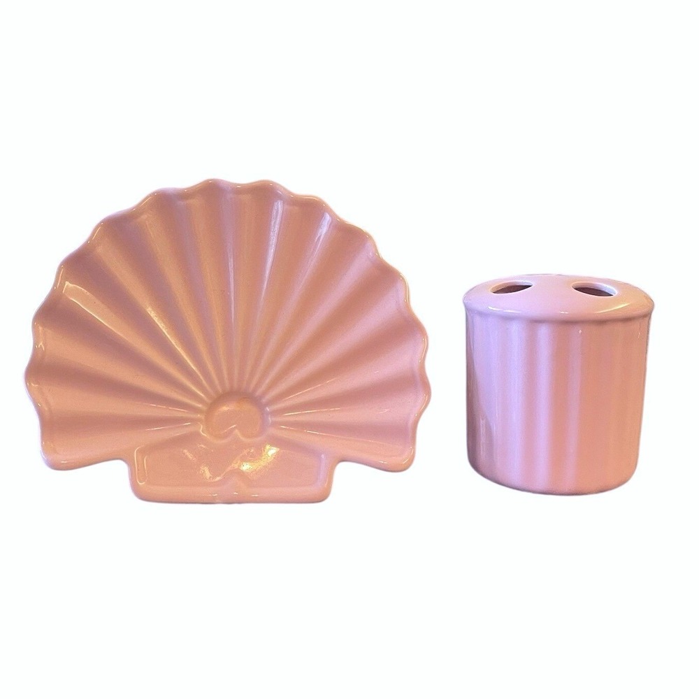 Vtg Toothbrush Holder Shell Soap Dish‎ Trinket Cottage Beach Pink MCM Victorian